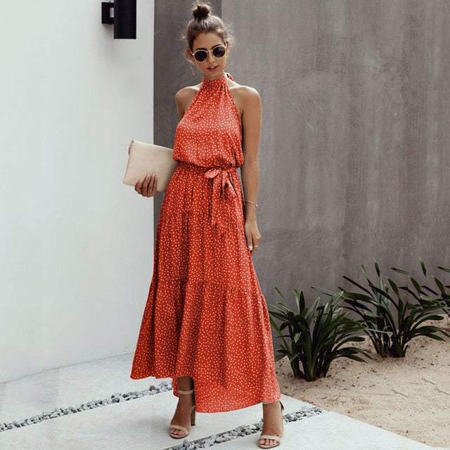 Halter Polka Dot Print Backless Cotton Maxi Dress Dream Closet Couture Halter Polka Dot Print Backless Cotton Maxi Dress Dream Closet Couture