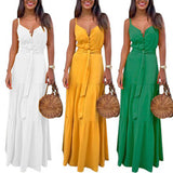 Button Up Spaghetti Strap Backless Casual Long Dress