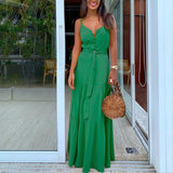 Button Up Spaghetti Strap Backless Casual Long Dress