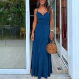Button Up Spaghetti Strap Backless Casual Long Dress