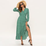 Floral Print Long Sleeve Ruffle Wrap Slit Maxi Dress