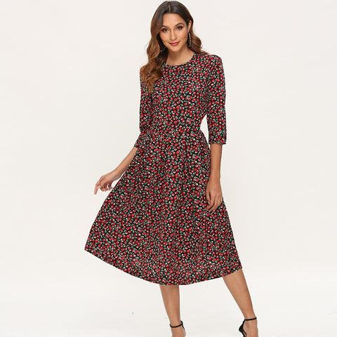 A Line Three Quarter Sleeve O-neck Midi Dress