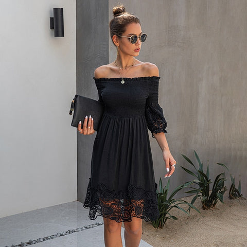 Off Shoulder Black Lace Fitted Dress