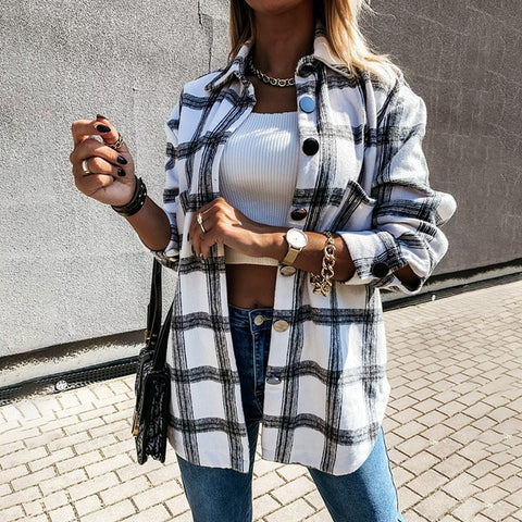 Long Sleeve Loose Casual Plaid Button Up Turn-down Collared Top