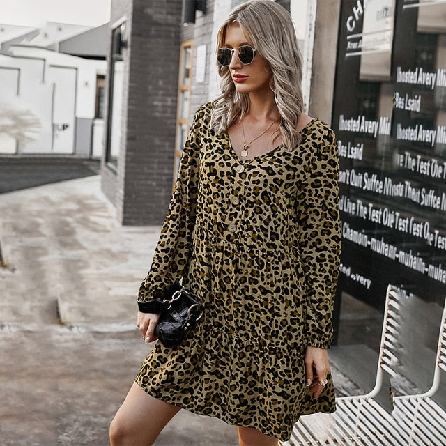 leopard print loose dress Khaki Leopard Print V Neck Ruffled Sleeve Tiered Loose Mini Dress Khaki / L / 100%Polyester