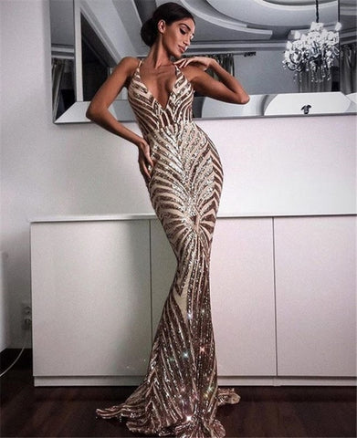 Sabina V-Neck Sequin Cross Back Sexy Mermaid Long Dress