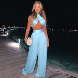 Elise Elegant 2-piece Halter Crop Top and Wide-leg Pants Matching Outfit