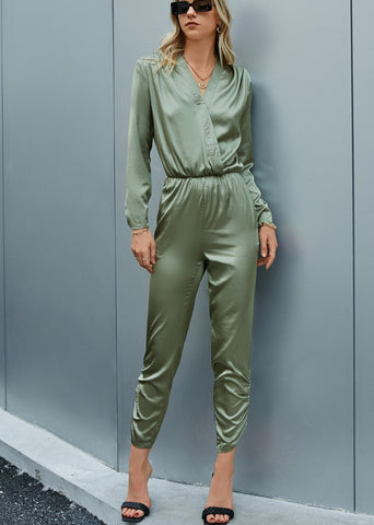 Olive Casual Satin V-neck Jumpsuit Women Romper