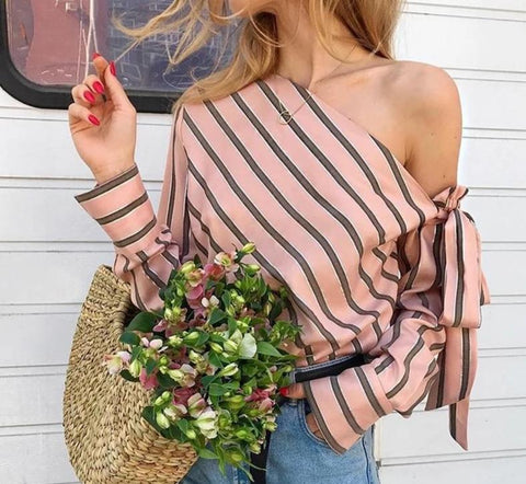 Striped Chiffon One Shoulder Blouse