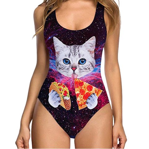 One Piece Cat Printed High Waisted Swimsuit