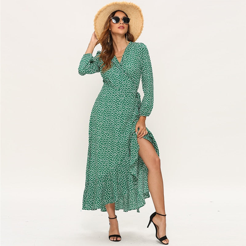 Floral Print Long Sleeve Ruffle Wrap Slit Maxi Dress – Dream Closet Couture