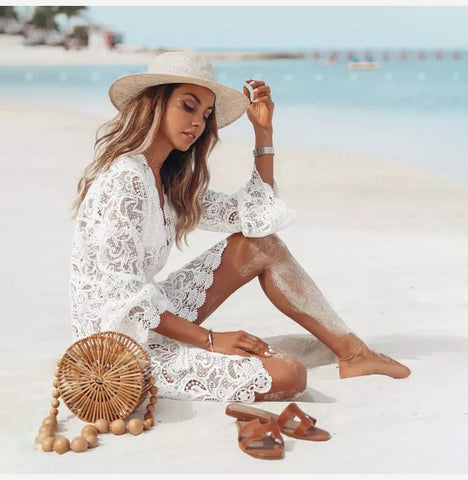 short white lace beach dress Sleeveless Lace Boho Mini Dress White V-Neck Summer Dress