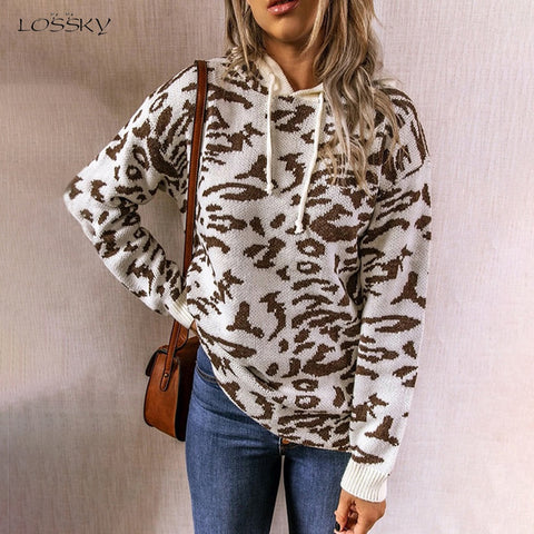 Sweater Autumn Winter Jumper Leopard Print Drawstring Knitted Pullover Hooded Knitwear Tops Fall Clothes For Women 2020 Fashion