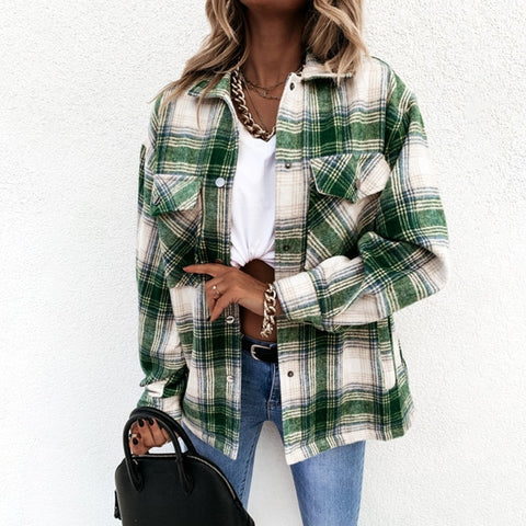 Over-sided Casual Plaid Long Sleeve Button Up Collared Jacket Top