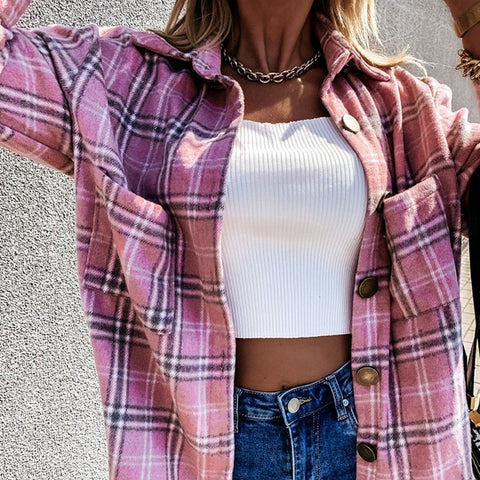 Long Sleeve Loose Casual Plaid Button Up Turn-down Collared Top