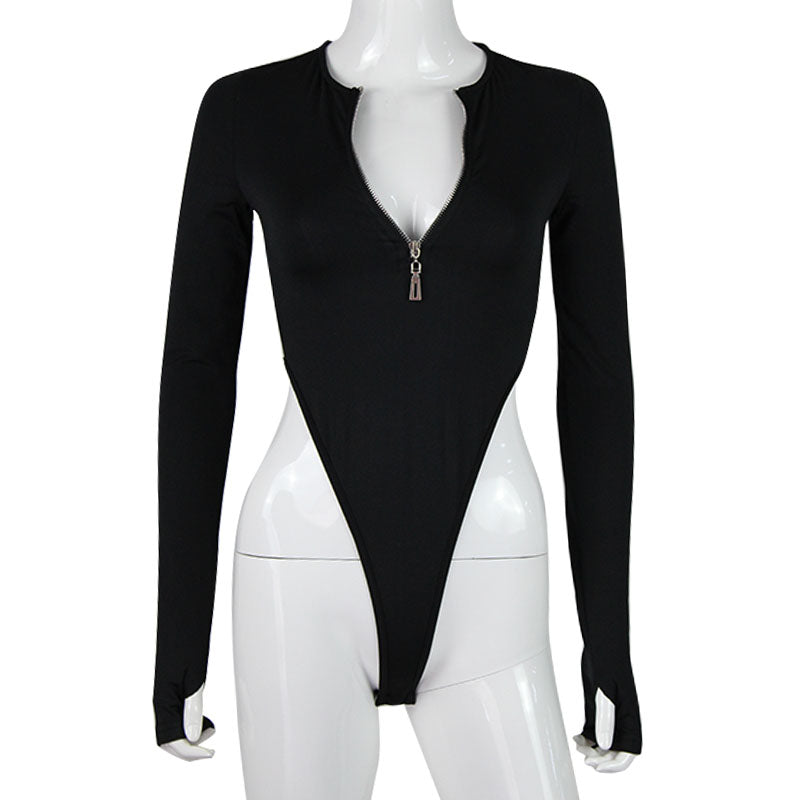 Sabina Sexy Triangle Style Zipper Long Sleeve Bodysuit – Dream