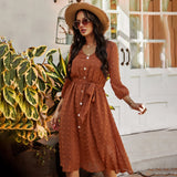 Brown Vintage Ladies Button Sashes Long Dress
