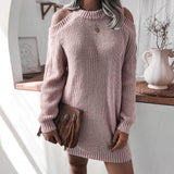 Ribbed Knitted Loose Cold Shoulder Sweater Dress