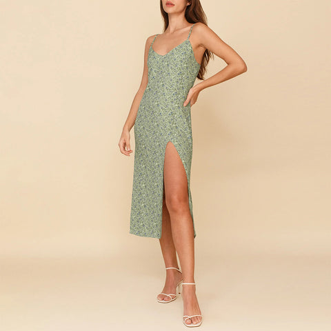 Amanda Green High Slit  Slip Lady Midi Dress