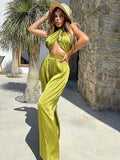 Elise Elegant 2-piece Halter Crop Top and Wide-leg Pants Matching Outfit