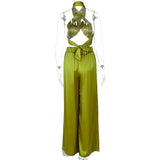 Elise Elegant 2-piece Halter Crop Top and Wide-leg Pants Matching Outfit