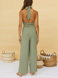 Camel Crossover Halter Strap Sexy Backless Tie Party Jumpsuit